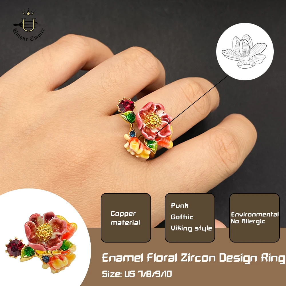 

Exquisite Drip Oil Flower Zircon Ring for Women Vintage Gold Floral Adjustable Band Round Cut Crystal Fashion Jewelry Gift