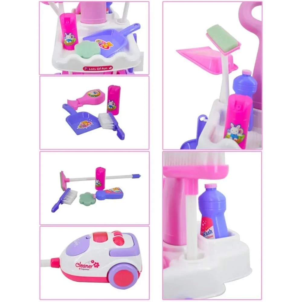 Carrello per la pulizia delle pulizie Playset Caddy include accessori e aspirapolvere giocattolo con suoni e luci Fai finta di giocare per le ragazze