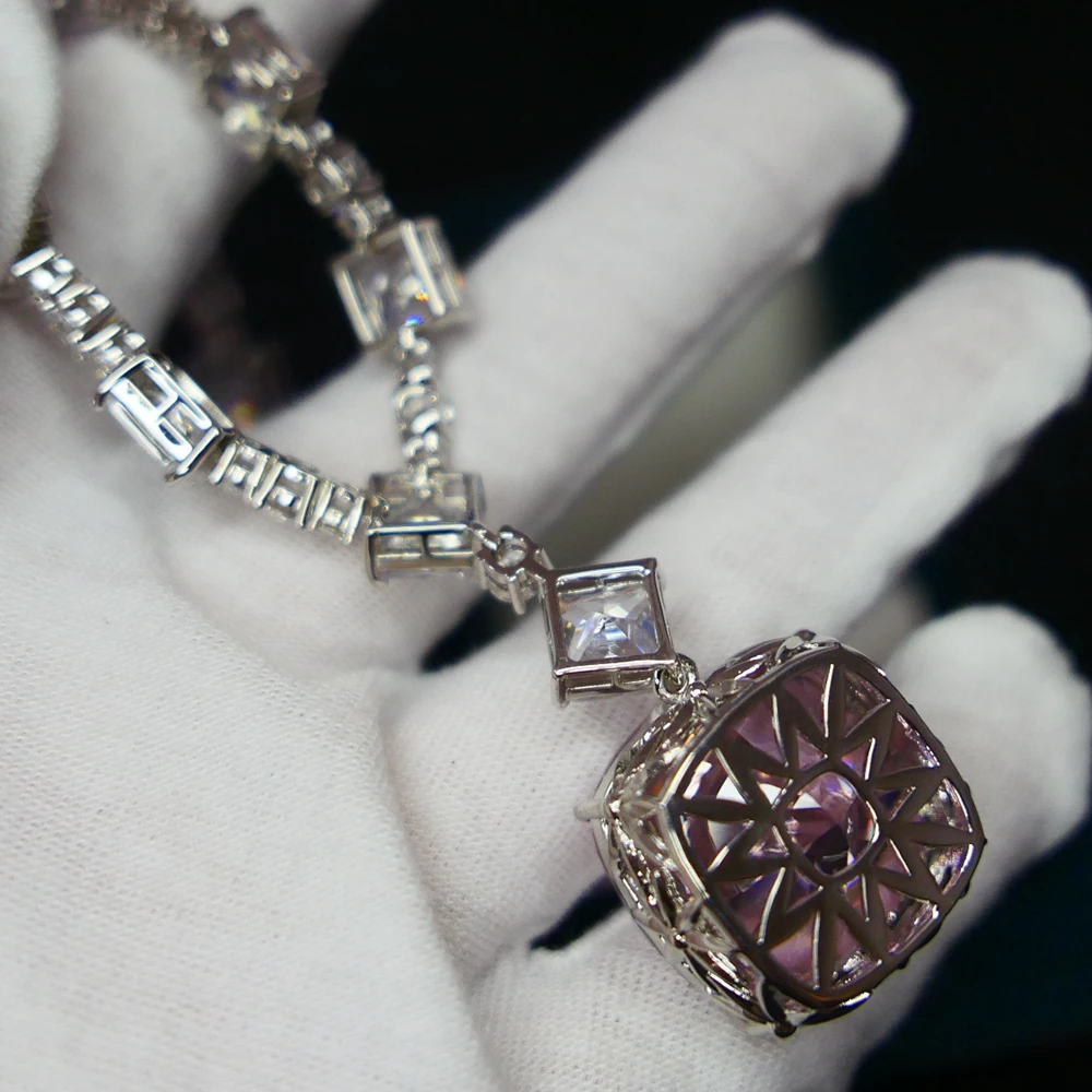 KQDANCE Sparkling Radiant Cut 20*20mm Pink High Carbon Diamond Tennis Chain Necklaces With Large Cushion Stone Women Jewelry