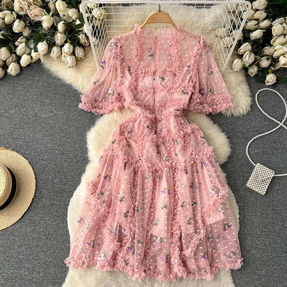 Runway Vintage Cascading Ruffles Flower Cake Dress Summer Women Sweet Mesh Embroidery Short Sleeve Party Vestidos N968