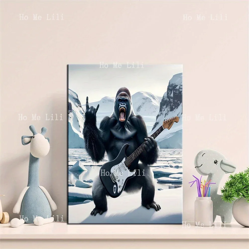 Gorilla Guitar Winter Rock Canvas Artwork For Bedroom Living Room Home Office Cafe Decor