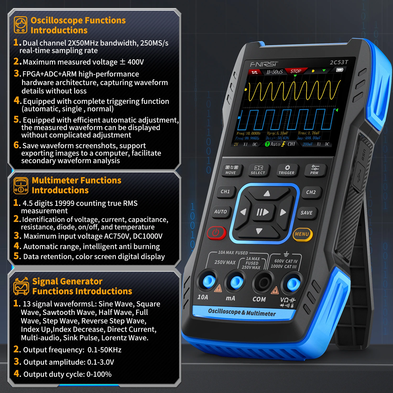 2C53T Portable 3 In 1 Digital Oscilloscope Signal Generator Multimeter Dual Channel 50MHZ*2 250MS/s Handheld Oscilloscope