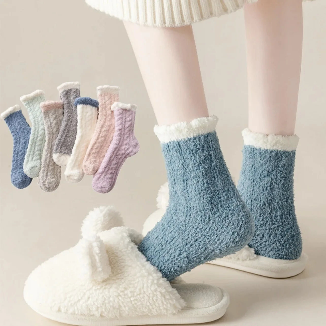 

6 Pairs Fashionable Women's Autumn and Winter Multicolored Coral Mid-calf Socks Thick Warm and Soft Floor Home Sleep Socks