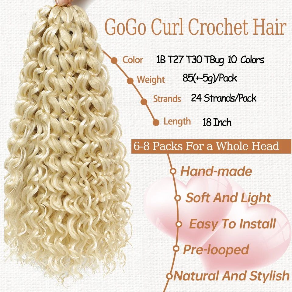 GoGo Curl Crochet tranças, Onda de água Crochet cabelo, Deep Wave Twist cabelo tranças, Curly Crochet extensões, 18"