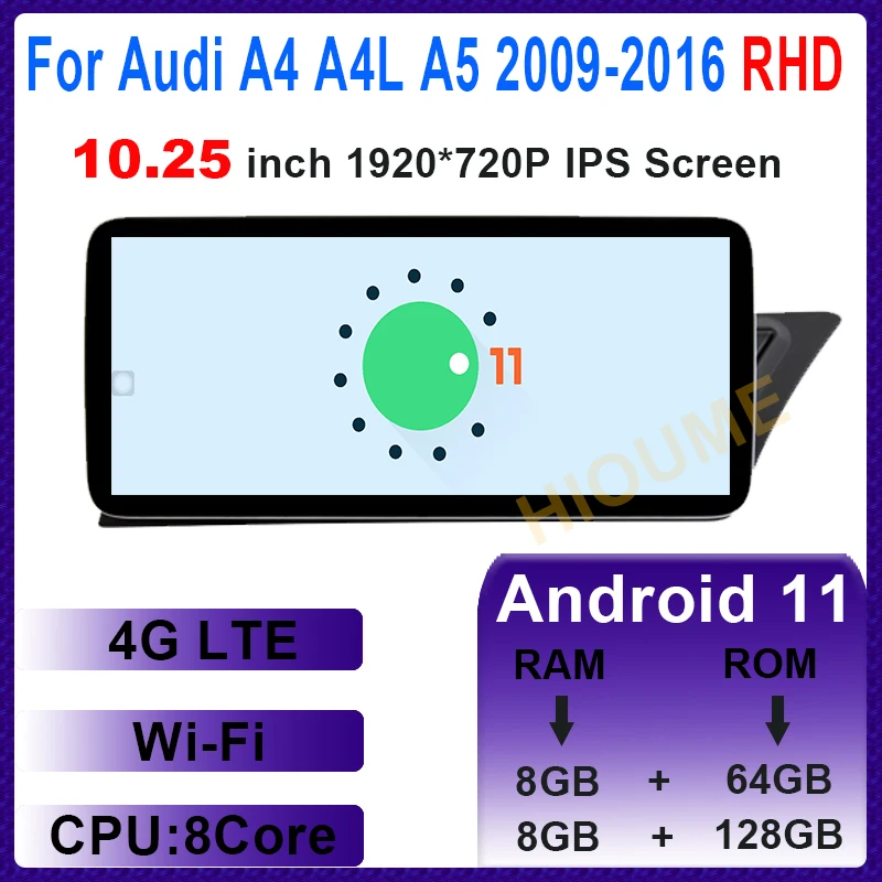 

10.25“ 8 Core 8+128G Android 11 Car Multimedia Player GPS Navigation For Audi A4 A4L A5 B8 RHD 2009 -2016 Radio Stereo Head Unit