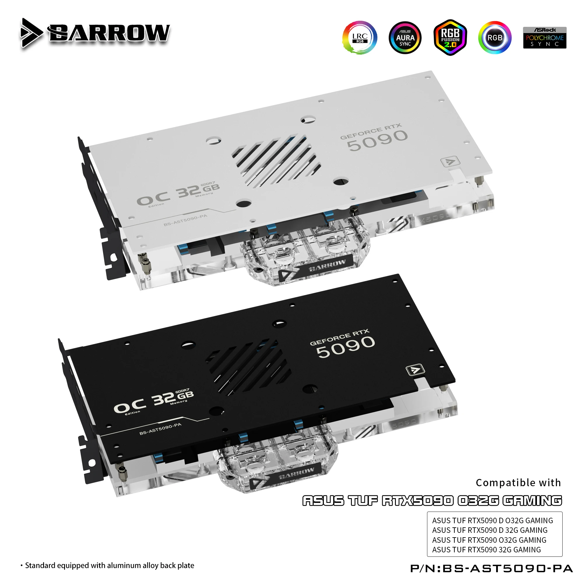 Barrow غطاء كامل GPU كتلة المياه لـ ASUS TUF RTX 5090D مع مبدد حرارة تبريد سائل أكريليك من النيكل RGB LED - BS-AST5090-PA