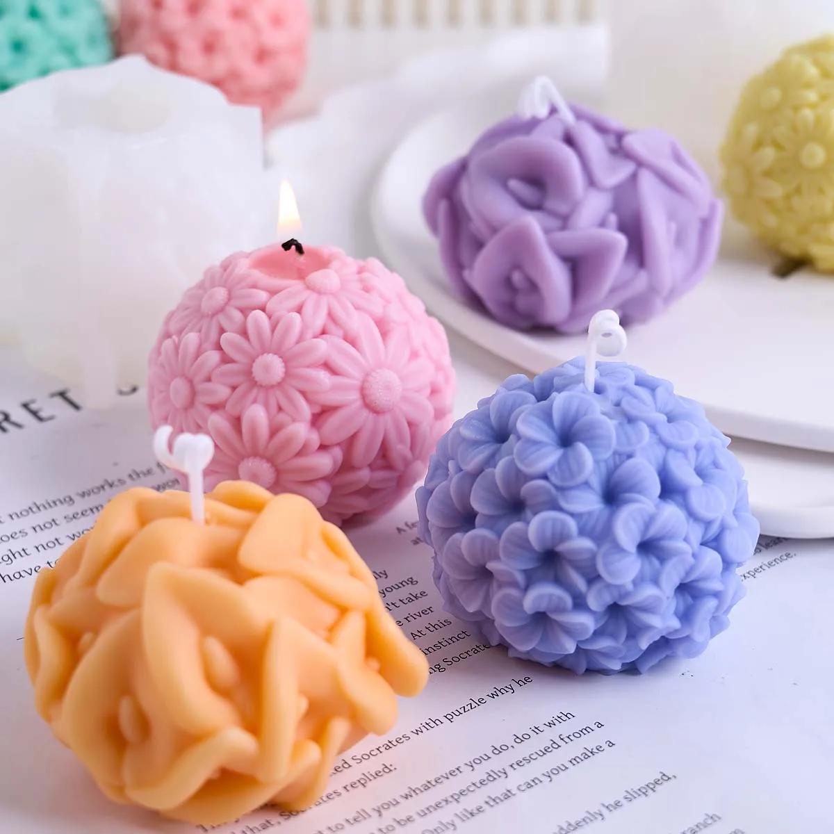 3D Carving Flower Ball Candle Silicone Mold DIY Handmade Daisy Spherical Aromath Soap Plaster Resin Craft Casting Molds Home Dec