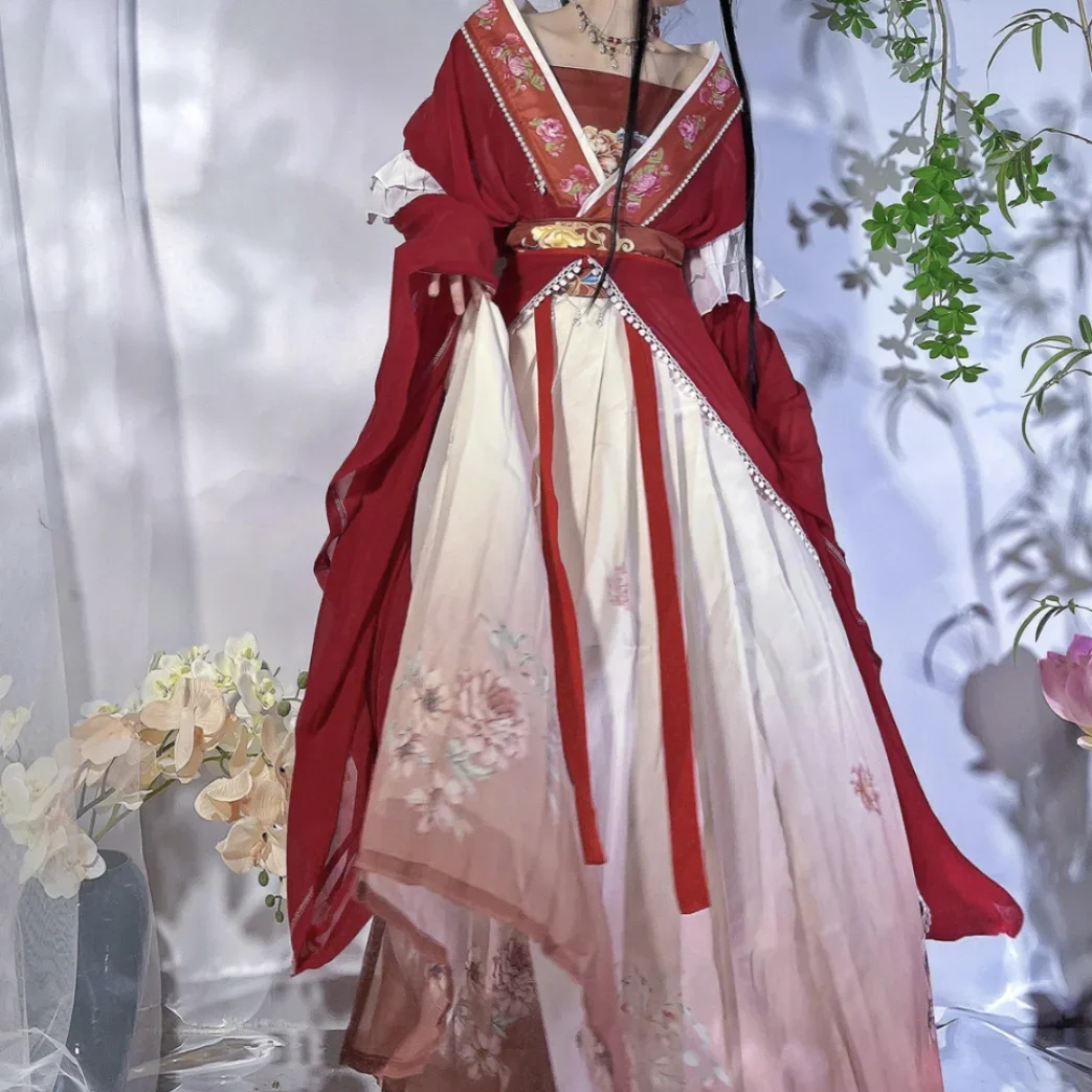 

Retro Chinese Style Red Vestido Hanfu Dress Women Traditional Print Long Skirt 5 Piece Set Elegant Girls Party Skirt Quality Set