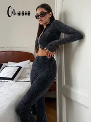 CNYISH Long Sleeve Turn-down Collar Zipper Suits Casual Women Sets Streetwear Sexy Club Slim Fashion Female 2-pieces(Tops+Pants