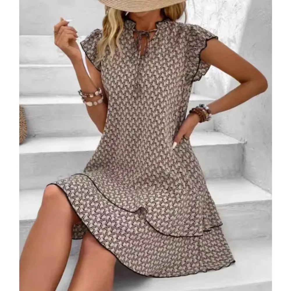 

Print Flare Sleeve Ruffle Dress New Short Dress Women's Fashion Bohemian Fashion Summer Sexy V-neck Strap Short Dress