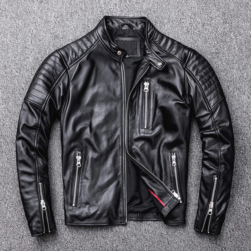 

Motorbiker Black Free Leather Jacket Shipping Mens Genuine Leather Motorcycle Coat Spring and Autumn Slim Sheepskin Soft Clothes