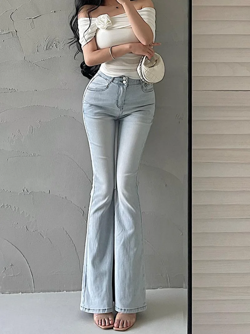 

High Waist Slim Elastic Waist Pants Show Legs Long Horn Jeans Floor Sweeping Pants Fashion Sexy Korean Women Pants 4FU1