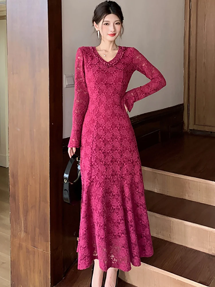 الخريف الشتاء الأبيض الدانتيل هوك زهرة الجوف فستان طويل المرأة كم طويل Bodycon تكدرت فستان 2025 الكورية فستان سهرة فاخر #2