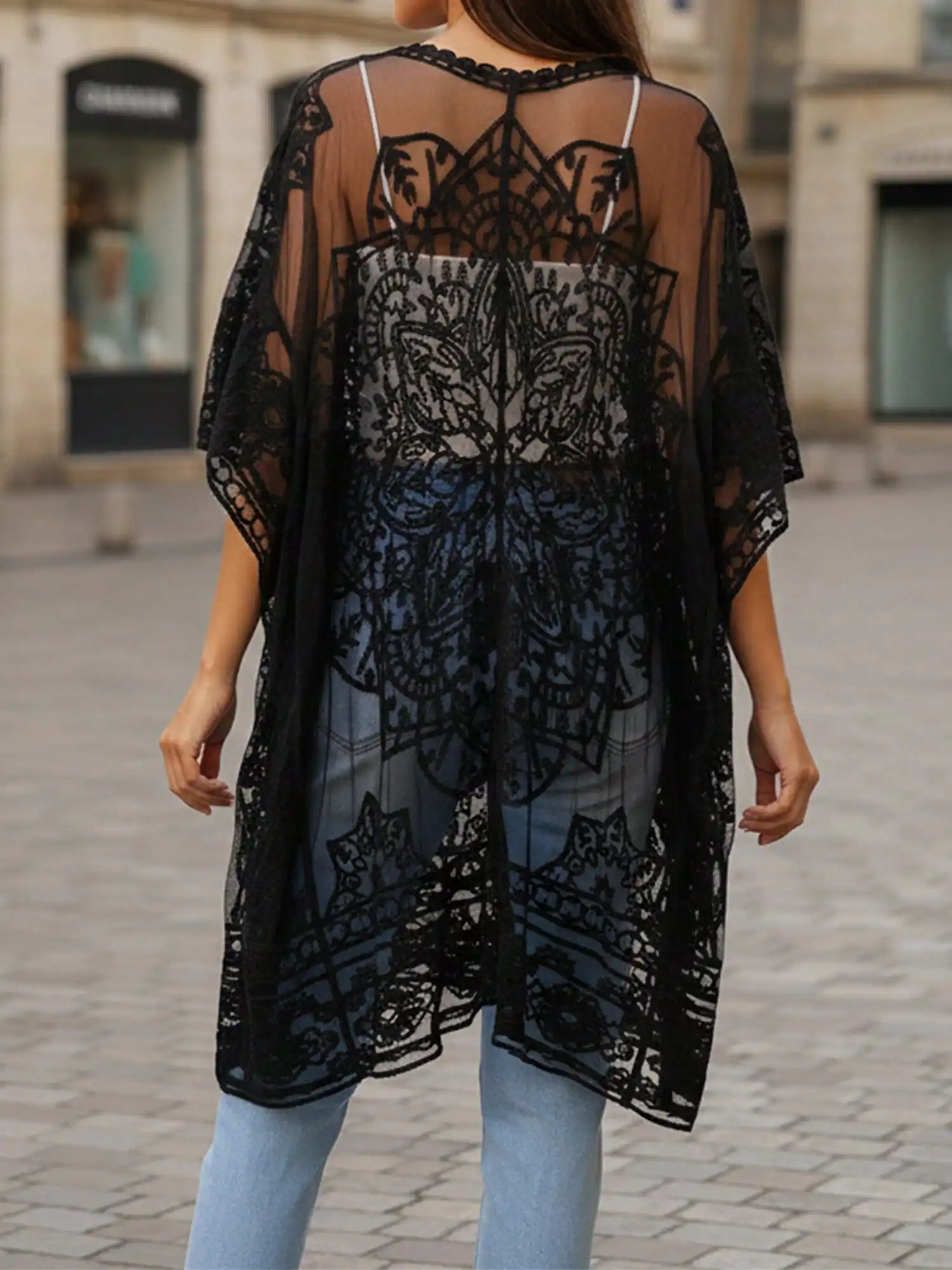 

Women Black Lace Kimono Cover Up 3/4 Sleeve Mesh Beach Cardigan Summer
