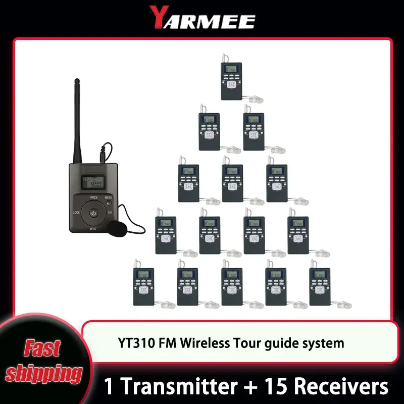 YARMEE FM Portable Audio Wireless Tour Guide System 1 Transmitter + 15 Radio Receivers For Travelling Church Museum Umrah Hajj
