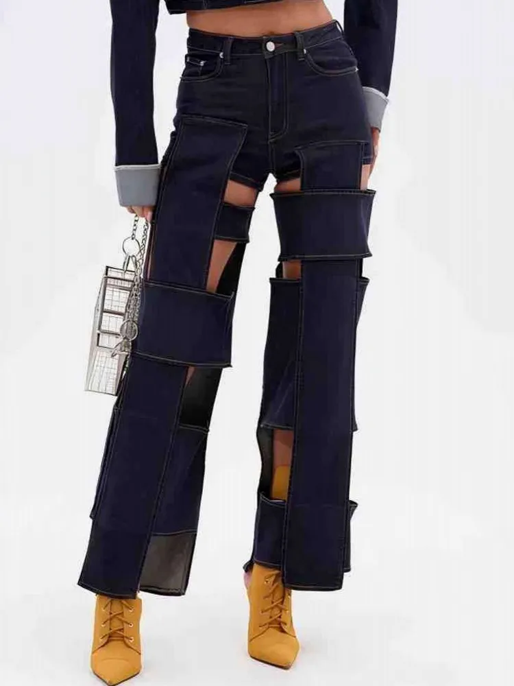 

Women High Waist Wide Leg Pants Hole Straight Pants Long Jeans Casual Trendy Trousers 2025 Autumn Winter New Denim Trousers