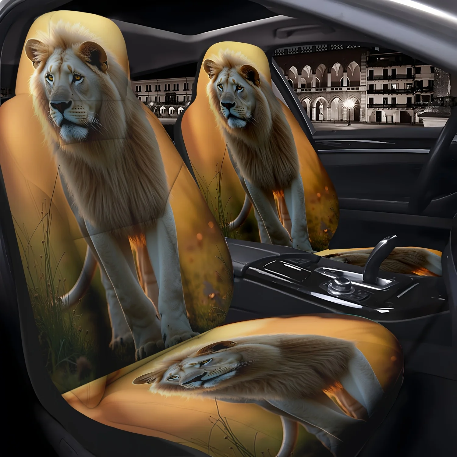 

2pcs White Lion Pattern Car Seat Covers, Suitable For Front Seats, Easy To Install And Clean, For Cars, SUVs, Trucks, And Sedans