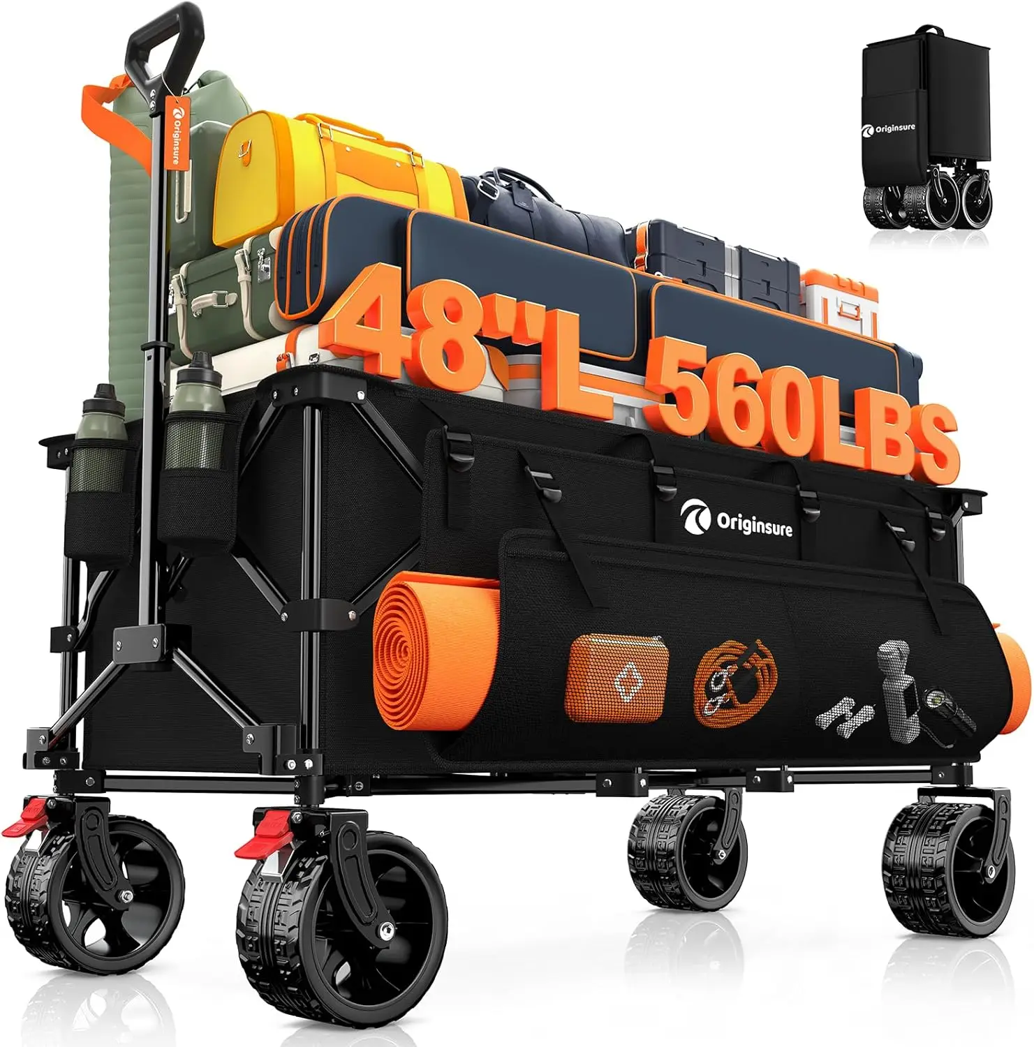 

48" Foldable Beach Wagon Cart, 560lbs Capacity, All-Terrain Wheels for Camping, Shopping & Sports - Black