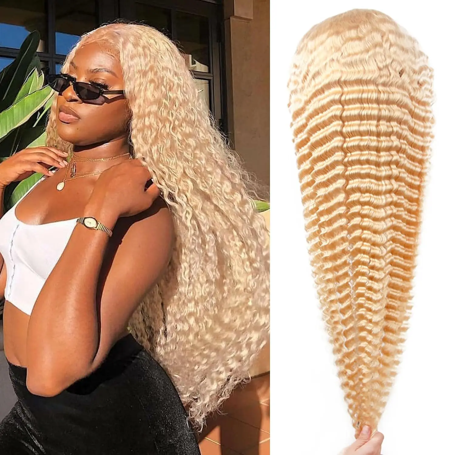 

Get Glamorous with our Blonde 613 Deep Wave Lace Front Wig Brazilian Human Hair 13x1 T-Part 180% Density Deep Wave Lace Wig