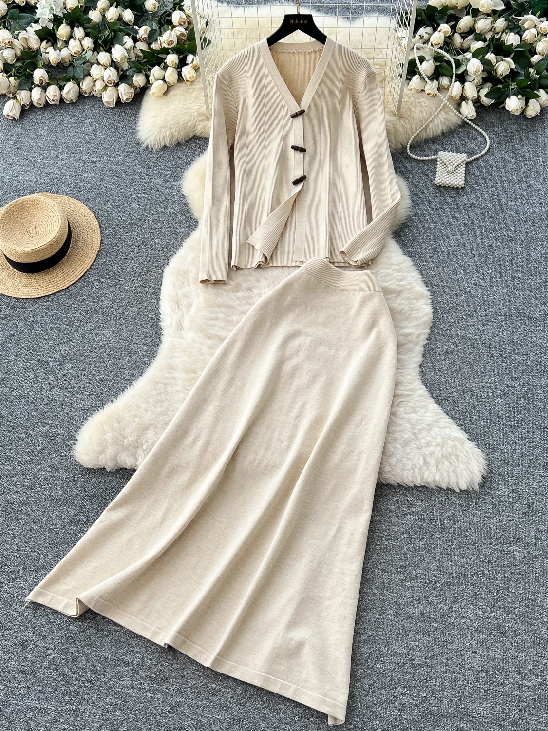 Ele Two-Piece Women's Autumn Faion Set V-Ne Long Sve Knitted Top High Waist  Skirt Versatile Soft Sle