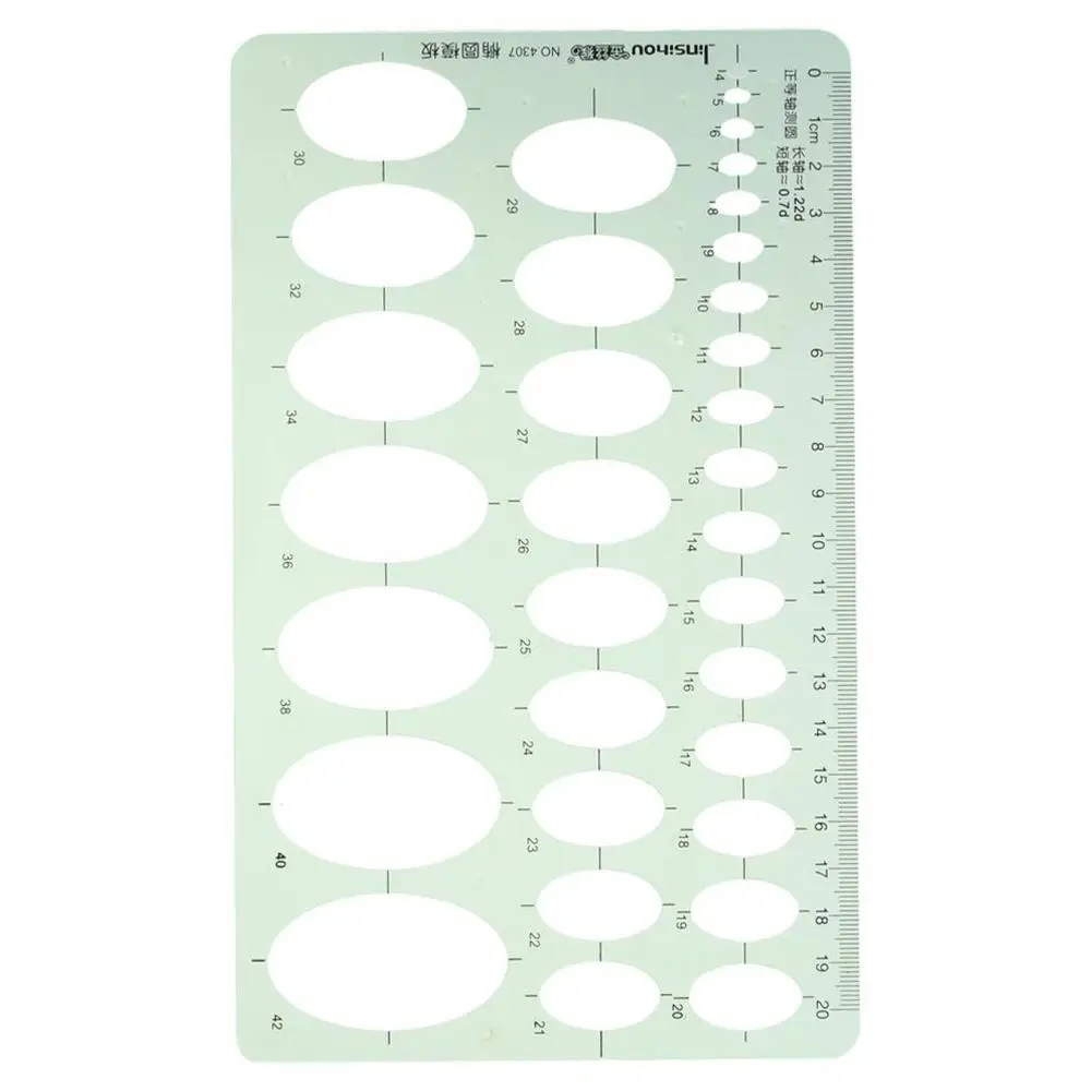 

Офисные принадлежности: зеленая геометрическая линейка овальной формы 20 см, шаблоны для геометрических чертежей, многофункциональная измерительная линейка