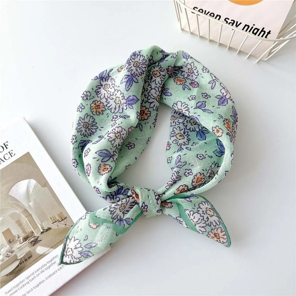 

Fashion Breathable Spring Silk Scarf Cotton Sweat-absorption Square Hijab Scarf Quick-drying Flax Flower Printed Headscarf Women