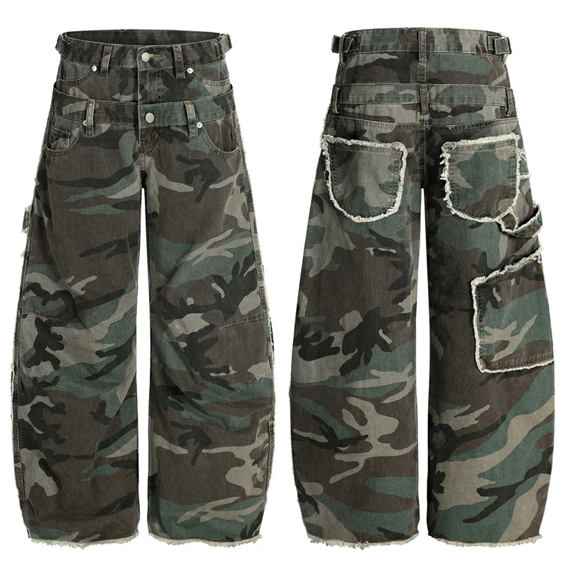 Camouflage Machete Pant Men Streetwear Hip Hop Loose Casual Wide Leg Baggy Cargo Pants Women Tassel Scimitar Trousers