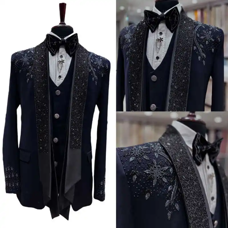 

Luxurious Wedding Suits for Man 2 Pieces Blazer Vest Applique Beading Rhinestone Modern Formal Occasion Tailored
