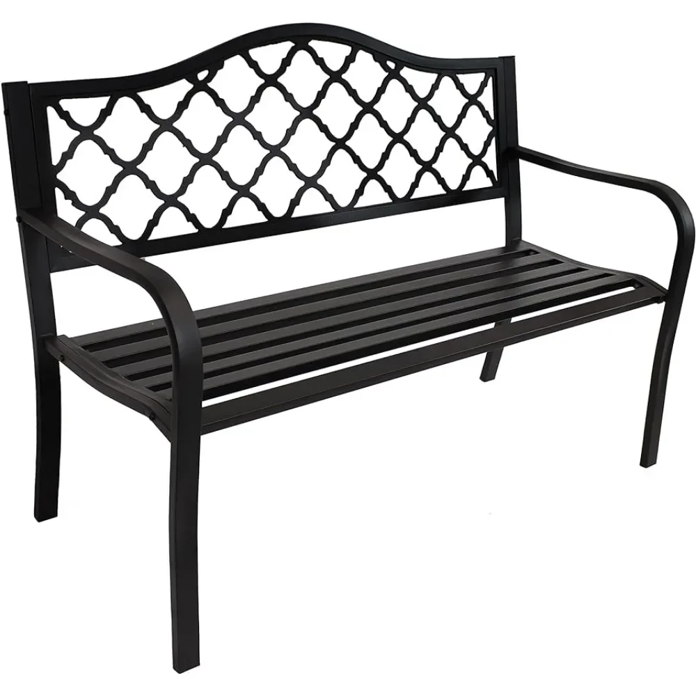 

Cast Iron Garden Bench - 615-Pound Weight Capacity - Black Patio Benches Decorative Lattice 2-Person Outdoor Furniture