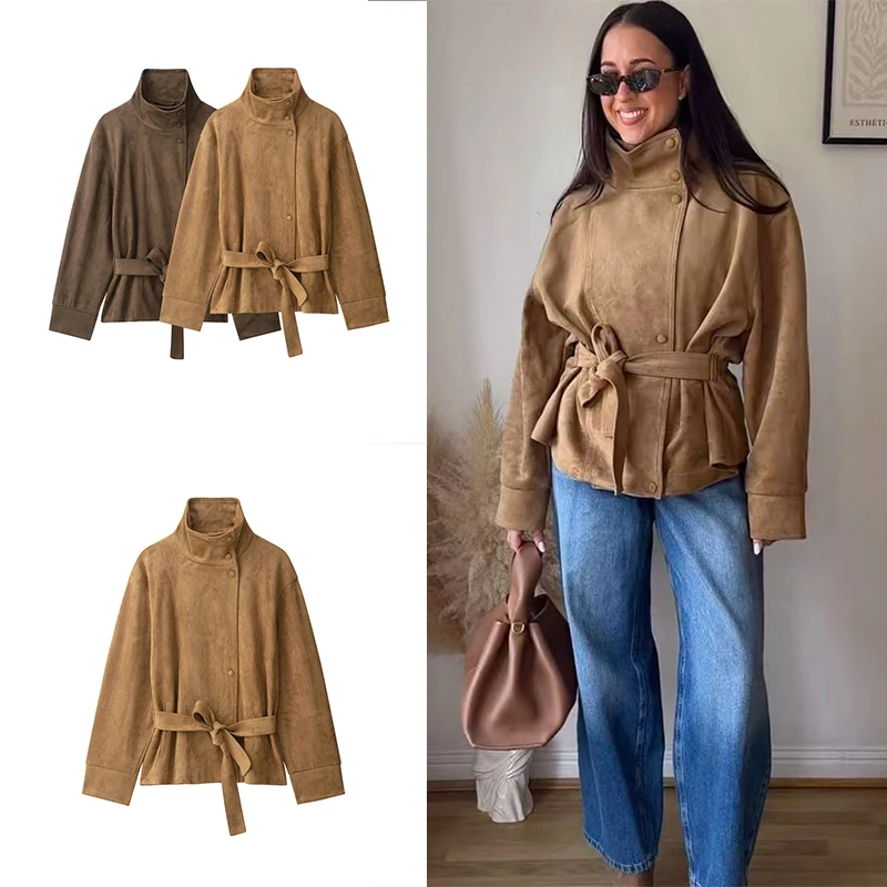 Guobioziy 2026 Autumn Multi Color Faux Suede Women Jacket Stand Collar Belted Waist Loose Fit Vintage Casual Outerwear