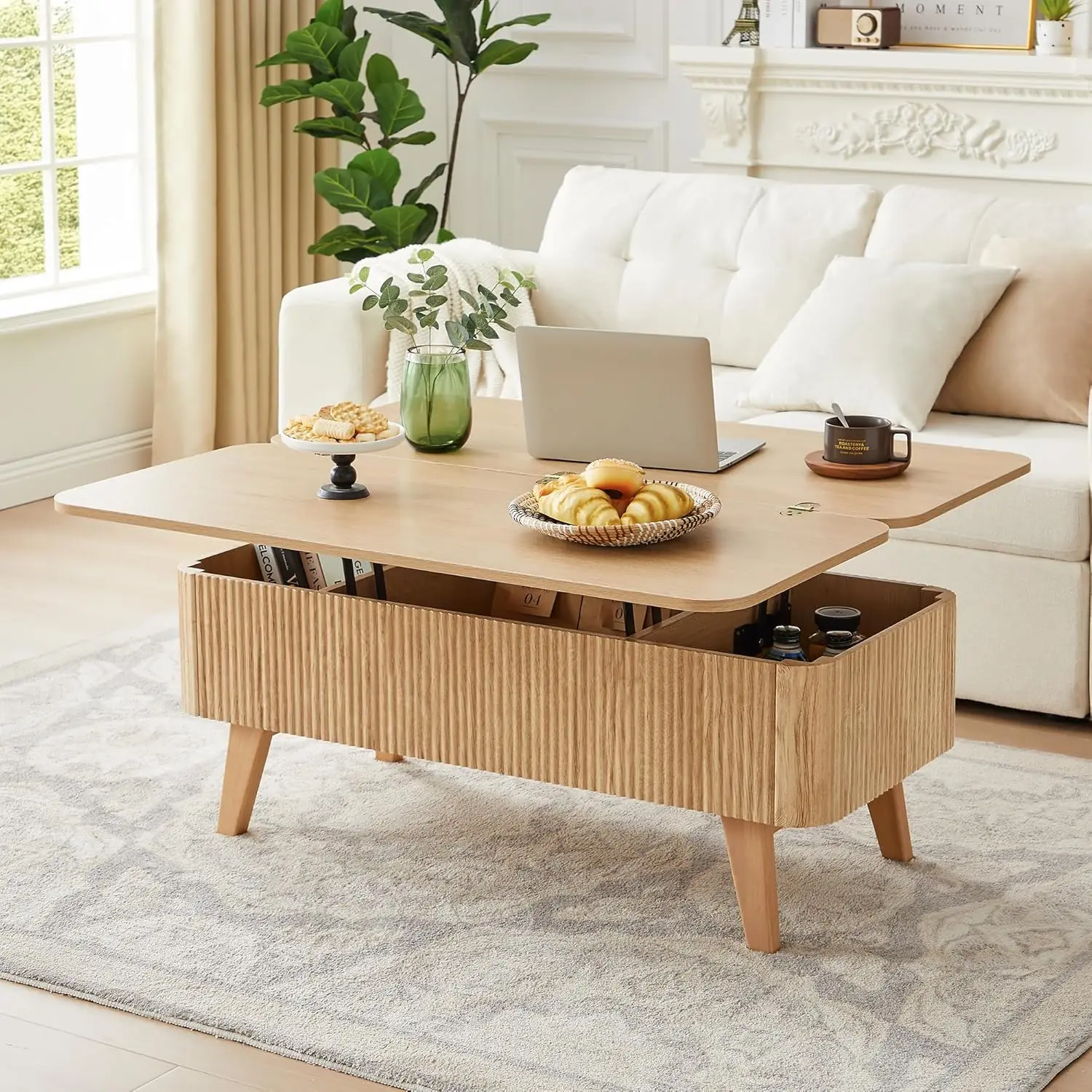 Table basse relevable 3-en-1, tables basses convertibles cannelées transformables en tables à manger