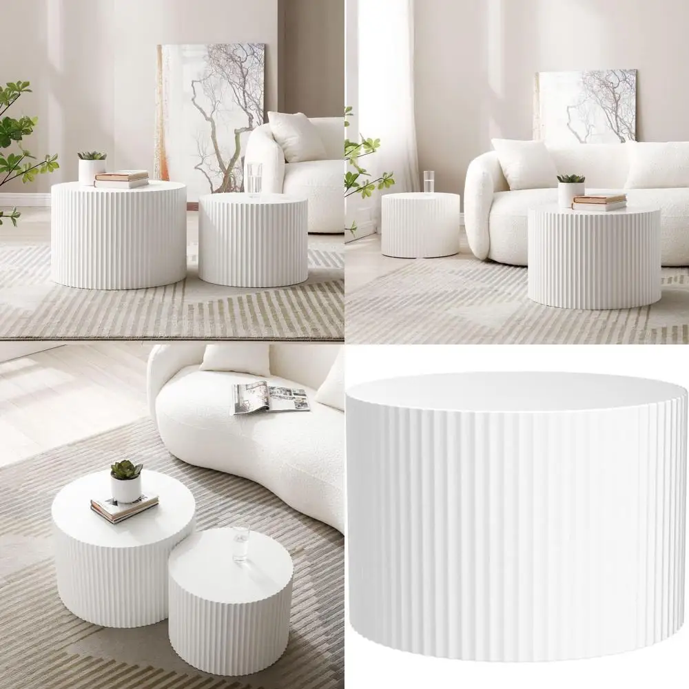 

Modern Wooden Nesting Coffee Table Set of 2, Contemporary Round End Tables for Living Room and Apartment
