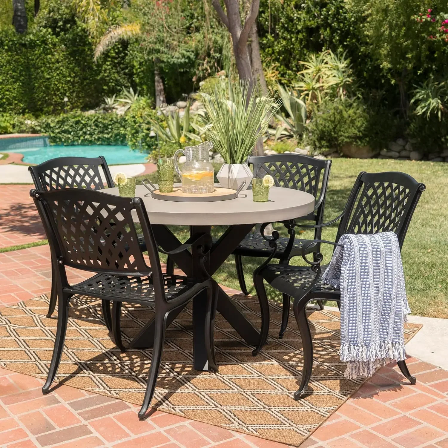

Capri Outdoor Transitional 5 Piece Cast Aluminum Dining Set with Lightweight Concrete Table, 22 "W x 23.75 "D x 35.75 "H