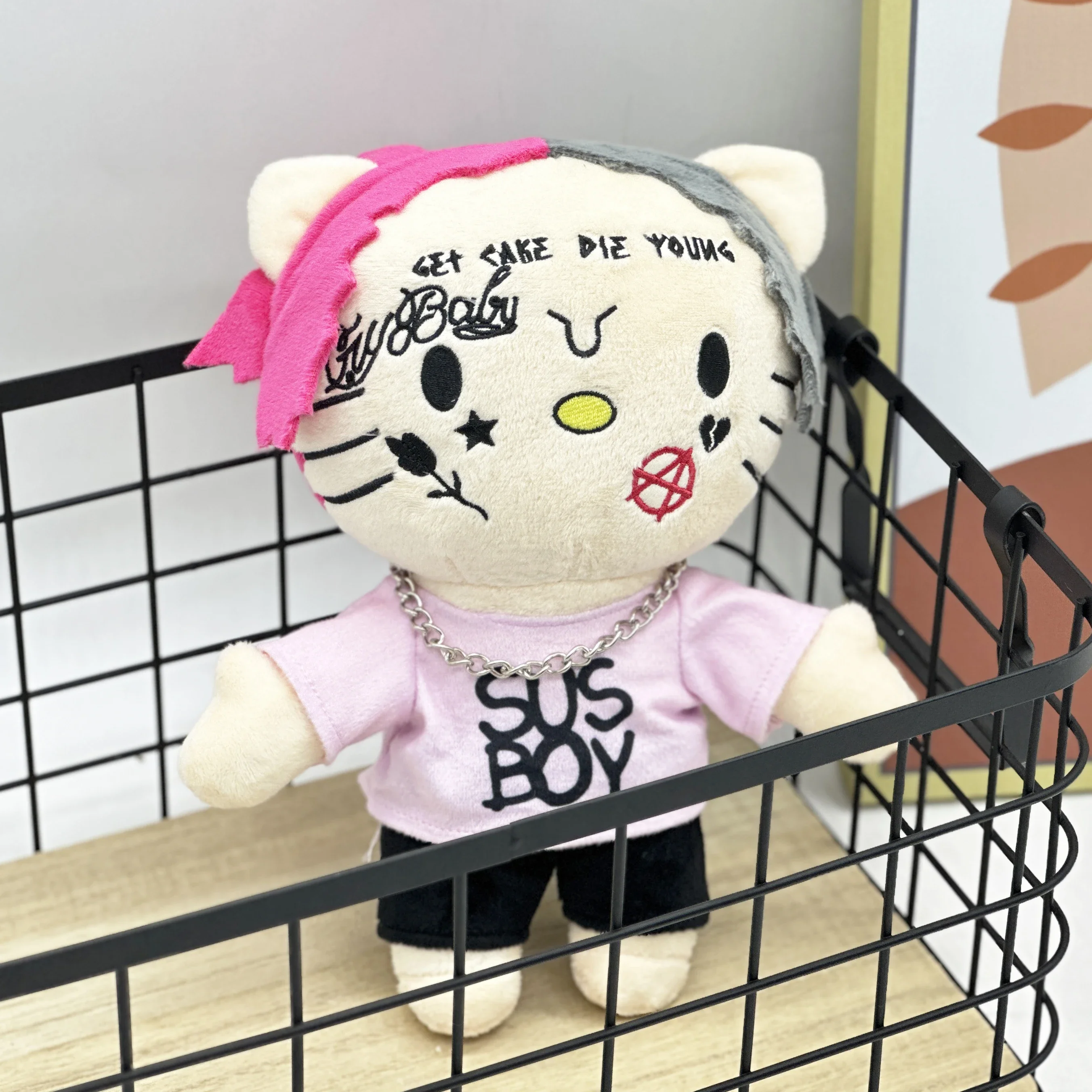 New Hello Kitty LIL PEEP Plush Anime Plush Toy Doll with Pink Clothes Necklace Stuffed Soft Plush Toys Fans Collect Gifts 24cm