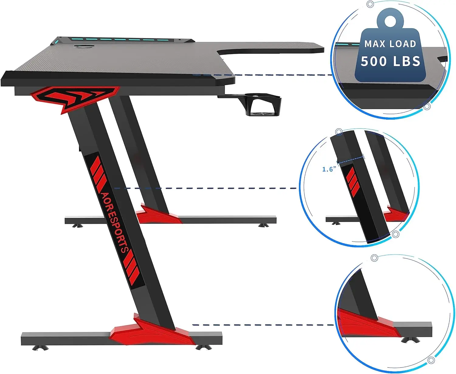 L-Shaped LED Gaming Table, Computer Corner Desk com Mouse Pad, Headphone Gancho e Suporte para Copo, Preto, 55"