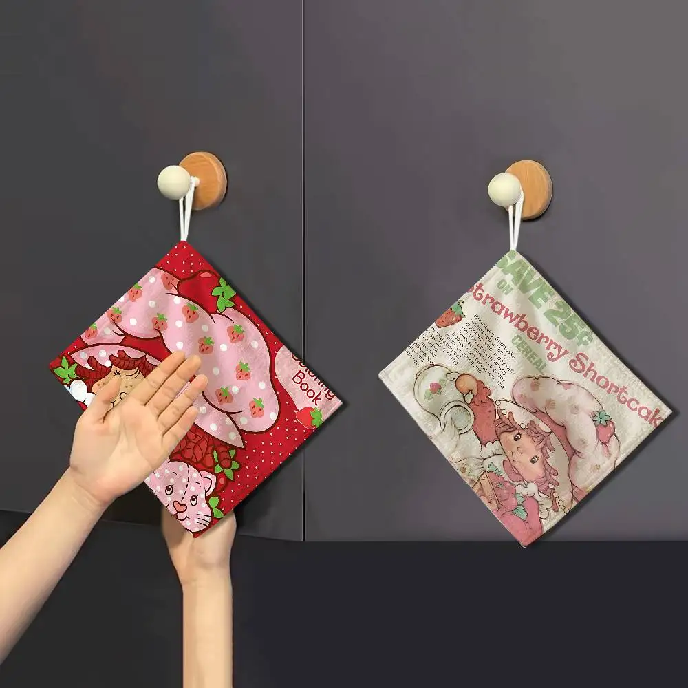 Animated Strawberry Shortcake Polyester Cotton Hanging Kitchen Towel, Soft Hand Wiping Towel, Reusable for Kitchen Bathroom Home