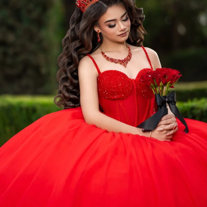 

Red Quinceanera Dresses Off the Shoulder Glitter Crystal Lace Ruffles Decal Long tail Bow Vestidoe 15 Quinceanera Customize