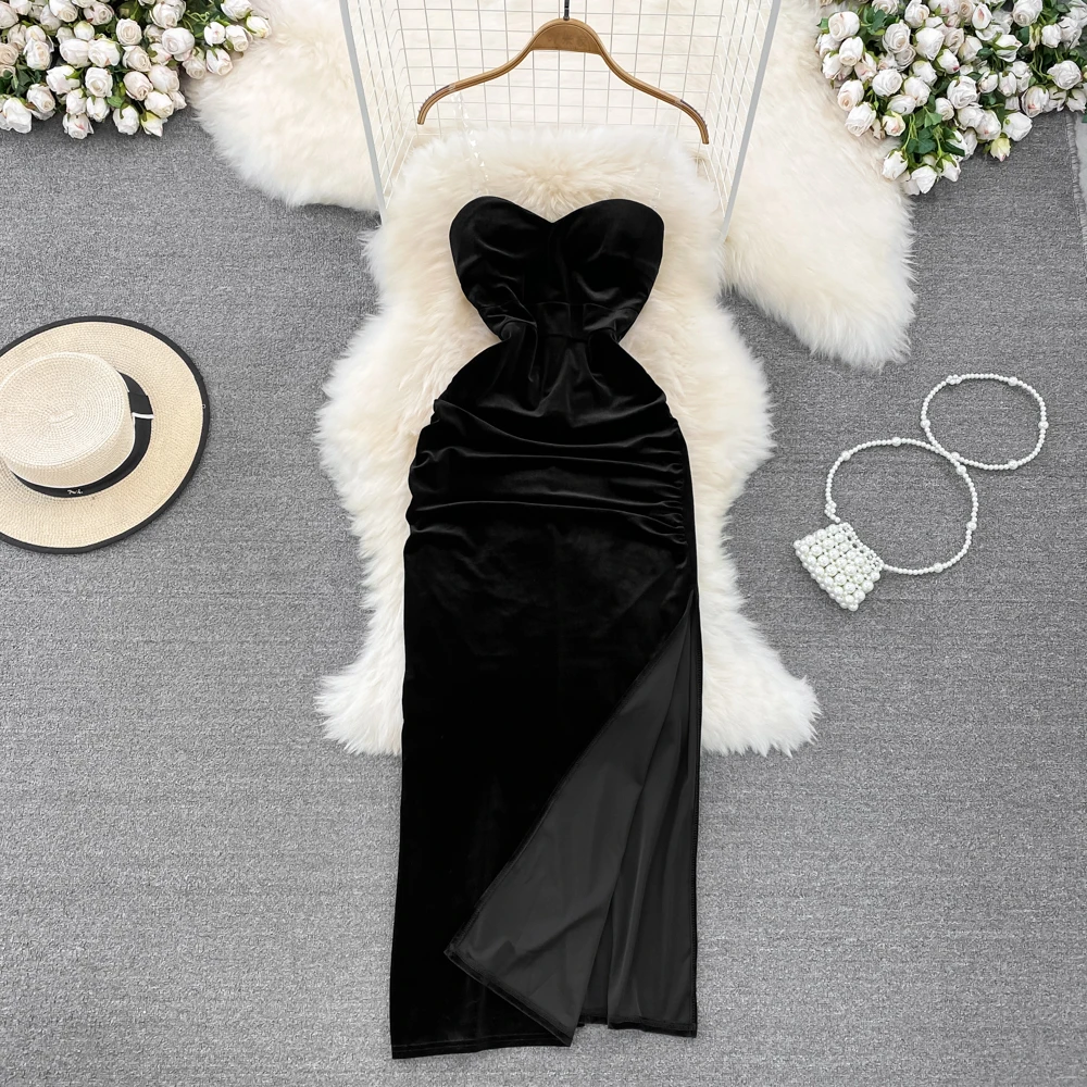 Spring Summer Sexy Maxi Dresses for Women Bodycon Velvet Strap Backless Female Robe Elegant Vintage Split Party Holiday New In