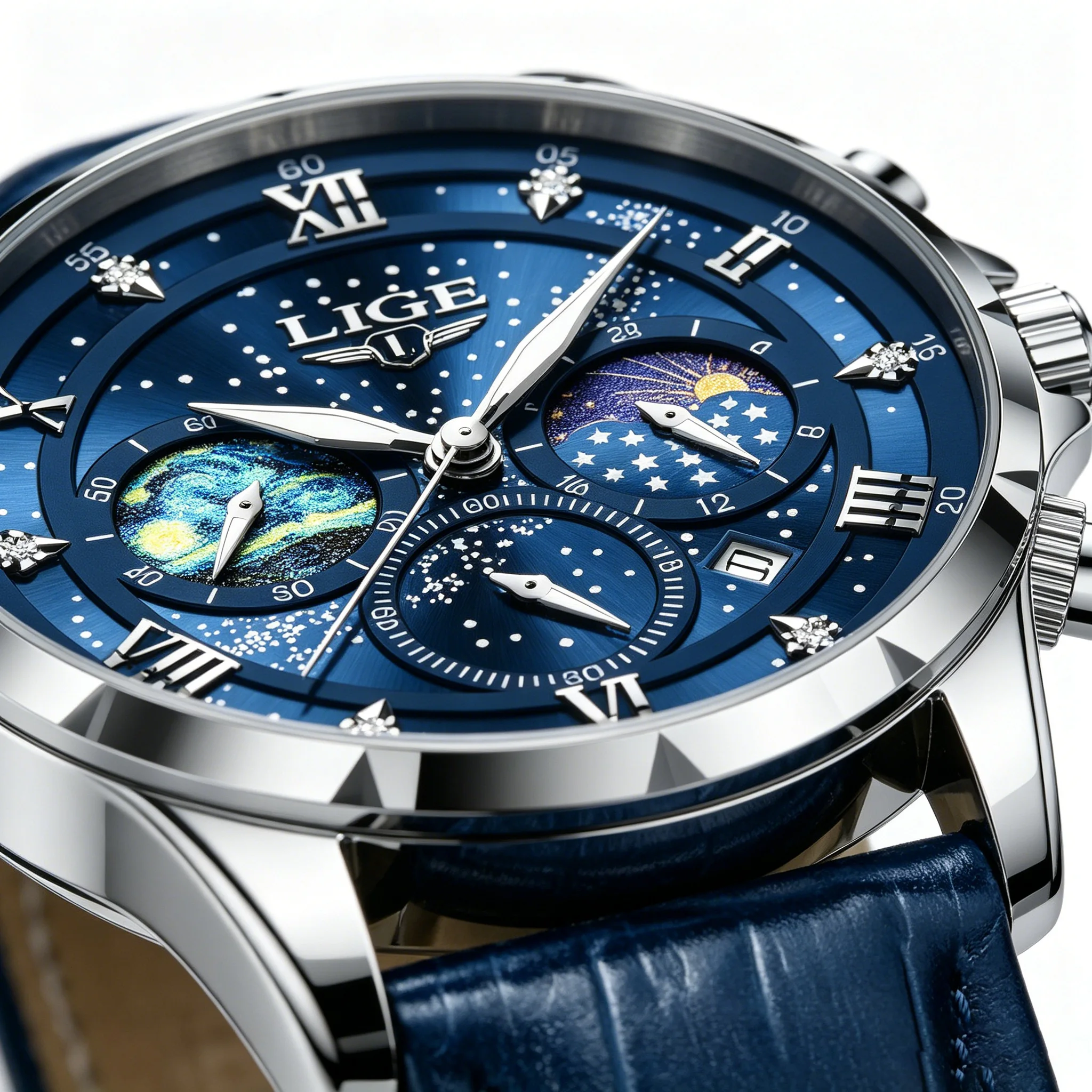 LIGE Casual Men Watch Blue Leather Waterproof Creative Luminous Dial Quartz Wristwatch Chronograph Military Watch for Men