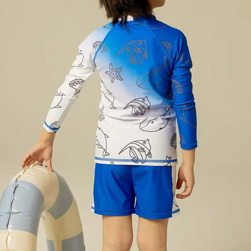 Traje de baño para niños de 2 a 16 años, protección solar, manga larga, pantalones cortos, estampado de dibujos animados, traje de baño de secado rápido