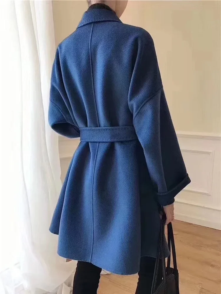 

Atmospheric simple style temperament elegant water ripple double-sided woolen coat coat women's new cashmere coat lace-up