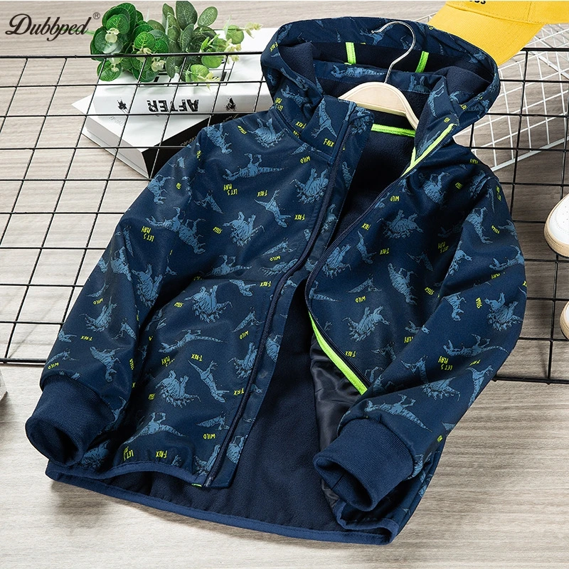 Dubbped Kids dinosaur Jacket Boys Waterproof Boy\'s Detachable Hat Design Coat Windbreaker Outerwear Polar Fleece Windproof Cloth