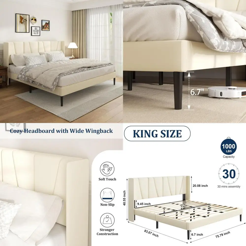 

Velvet Wingback Platform Bed Frame with Headboard and Wooden Slat Mattress Support