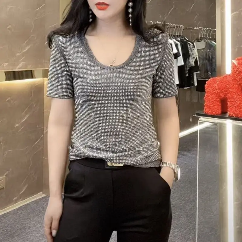 T-shirt à manches courtes pour femmes, col rond, diamant brillant, version coréenne, haut slim, printemps