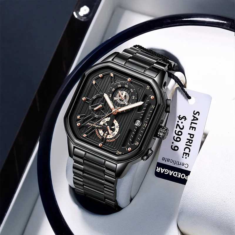 POEDAGAR Multifunction Chronograph Watches Men Sports Style Square Stainless Steel Waterproof Quartz Wristwatches Calendar Clock