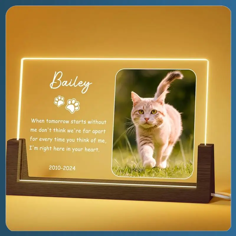 AB02 8Inch Wooden U-Shaped Luminous Base Display Frame Wooden Frame LED Personalized Cat Memorial Gifts For Loss Of Cat Easy Ins