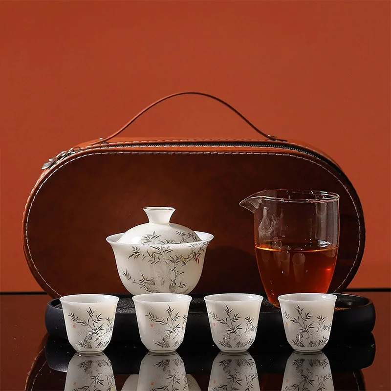 Ice Jade Travel Tea Set Green Bamboo Portable Storage High-end Quick Cup One Pot Four Cups Outdoor Kung Fu Teaset Tea Ceremony