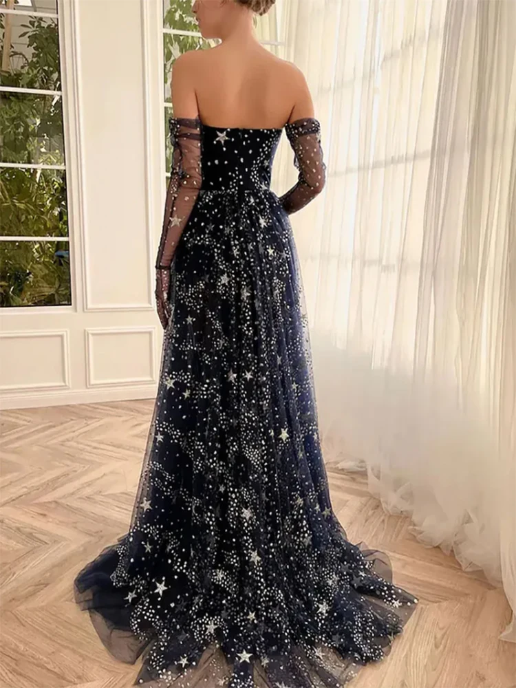 Robe de Soirée Longue et Sexy Bleu Marine, Tenue de Bal Sans Gants, Fendue sur le Côté, avec Étoiles Brillantes Scintillantes