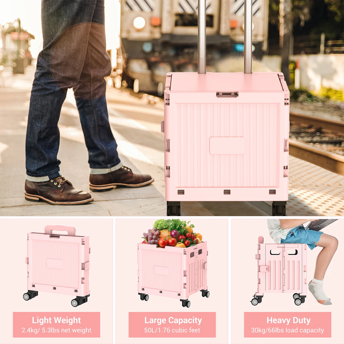 Folding Utility Shopping Trolley on Wheels Teacher Trolley Cart with Lid Portable Crate Handcart Box for Camping Shopping Pink