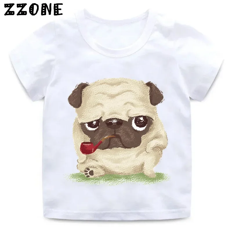 Children Retro Flower Pug Watercolor Print Funny T shirt Girls and Boys Summer White Tops Kids Casual Soft T-shirt,ooo2162